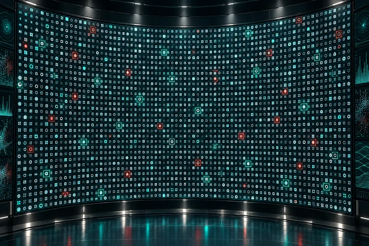 A huge monitoring wall filled with thousands of small token icons, a few of them marked with teal or red boxes